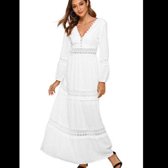 Women’s White V neck Lace Long Dress NWT - Picture 3 of 6
